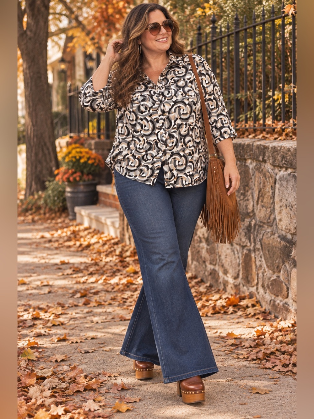 Coral Bay 2X Retro 70s Mod Geometric Print Button Down Blouse Plus Size